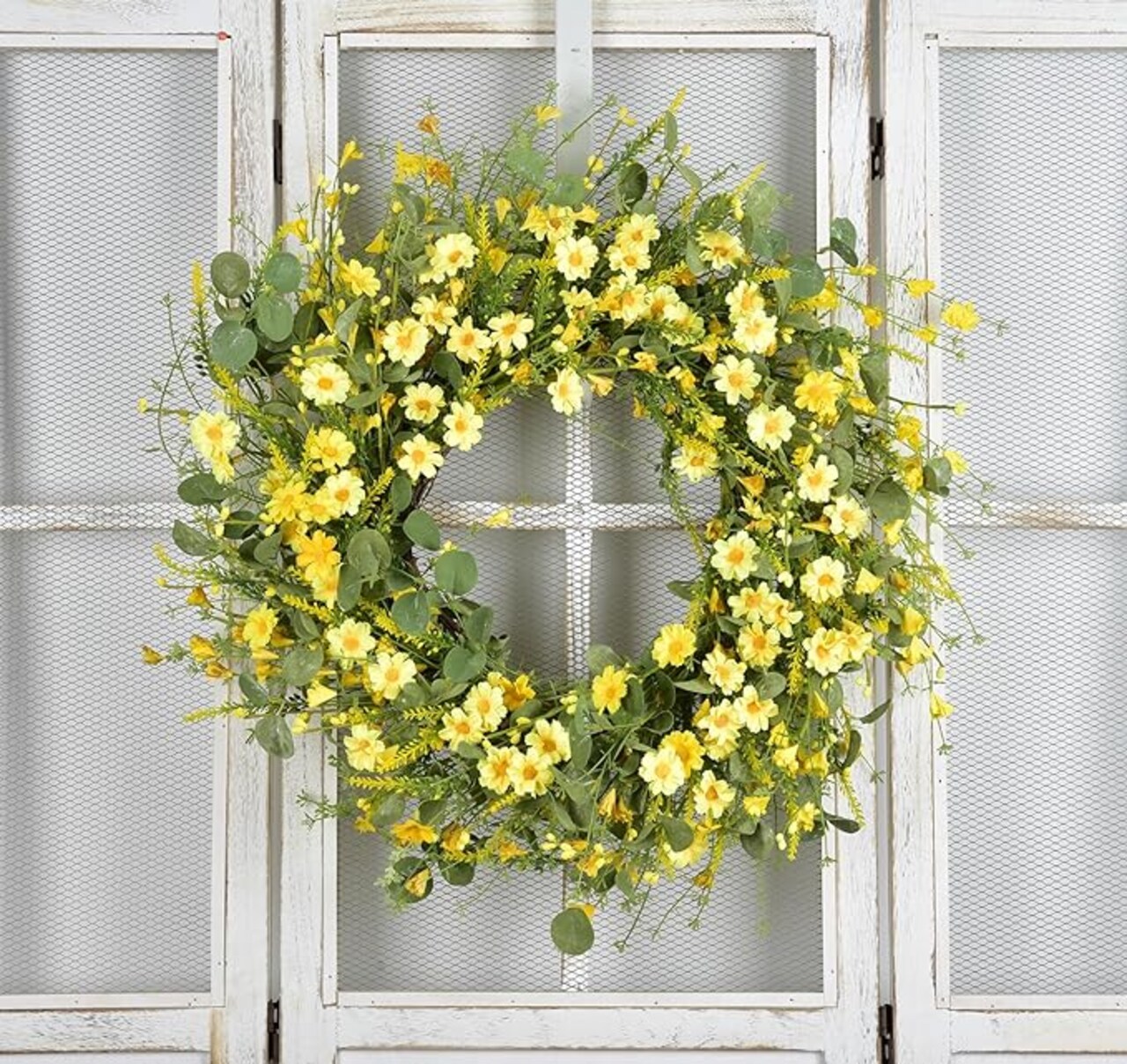 24 Inch Spring Wreath Yellow Daisy with Eucalyptus Wreath for Front Door
